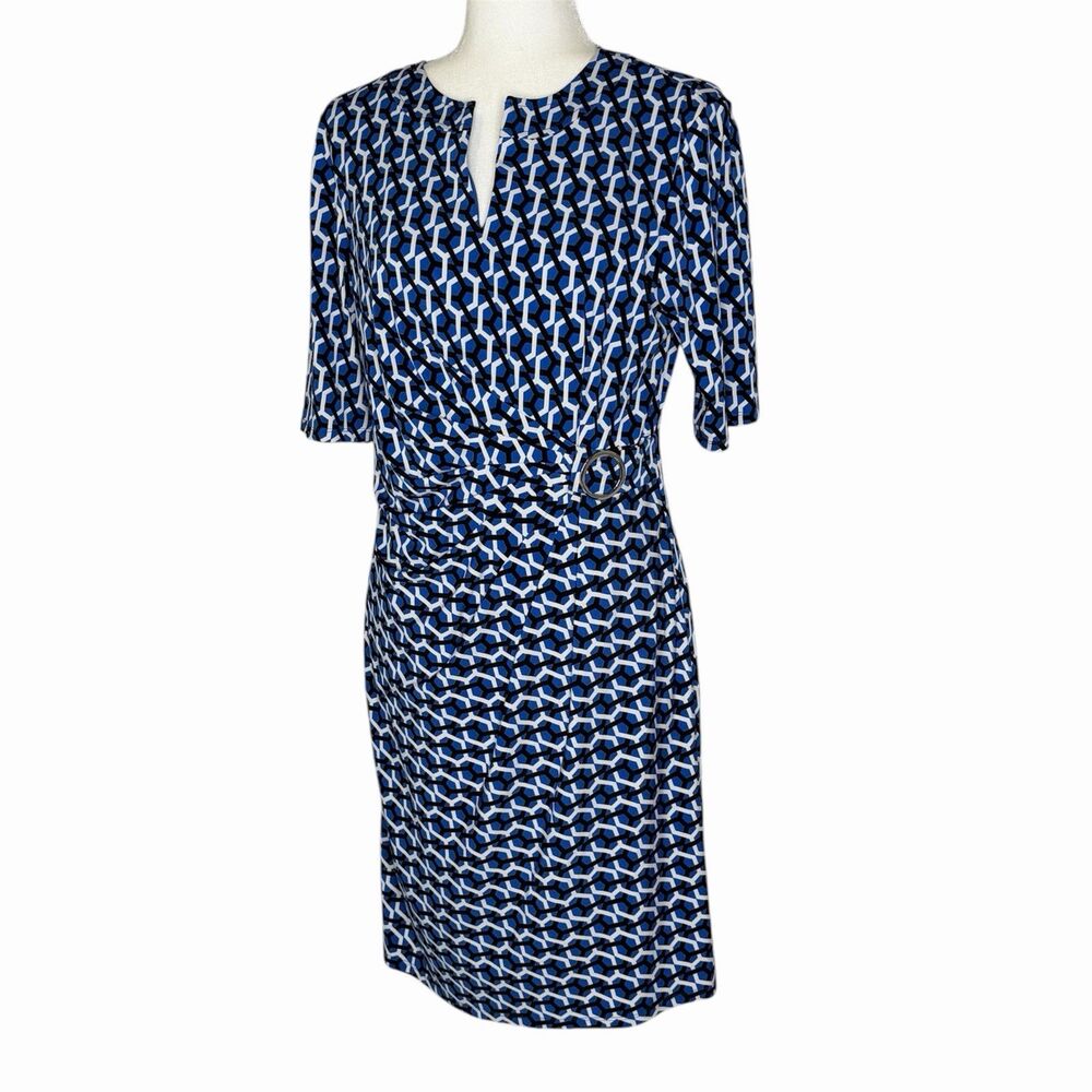 Tahari A.S. Levine Blue Black White Geometric Printed Split Neck Sheath Dress 12